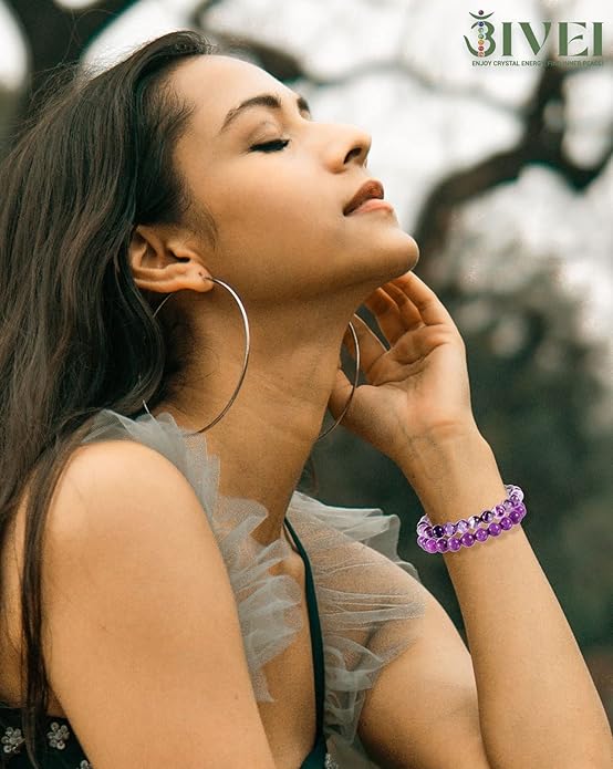 Bivei Natural Gemstone Semi Precious Healing Crystals Handmade Stretchy Round Beads Bracelet,Stocking Stuffers for Women Enhance Positive Energy
