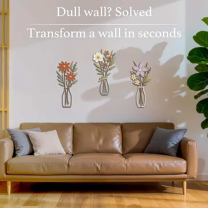 3 Piece Metal Flower Wall Art for Bedroom Living Room Rustic Farmhouse Floral Wall Decor for Bathroom Dining Room Boho Home Decorations Modern Minimalism Walls Hanging Sculptures(Red Purple)