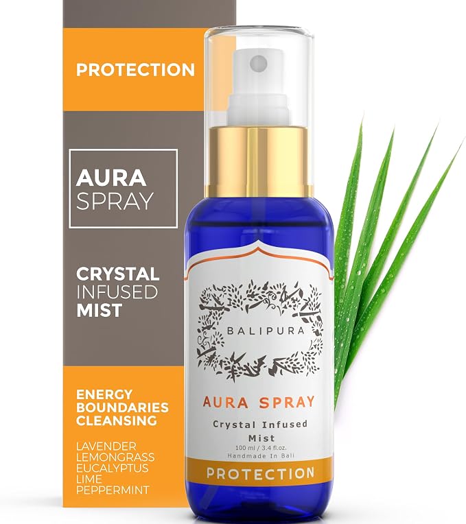 BALIPURA - Protection Crystal Aura Spray - Lavender and Lemongrass Essential Oil Blend, Black Tourmaline, Smoky Quartz and Citrine - 3.4 fl.oz