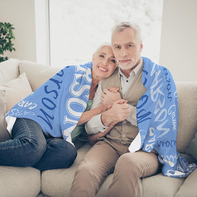 Personalized Custom Light Blue Theme Light Soft Flannel Fleece Throw Blanket with Name for Men, Women, Boys, Girls, Kids - Customized Name Gifts for Birthday, Christmas, Valentines Day