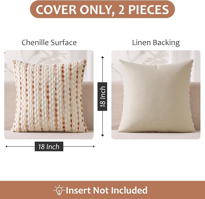 ANRODUO Boho Decorative Throw Pillow Covers Cream Rust 18x18 Inch Set of 2 | Chenille Tufted Pillow Covers, Woven Throw Pillow Covers with Raised Stripes, Neutral Pillowcase for Couch Sofa Living Room