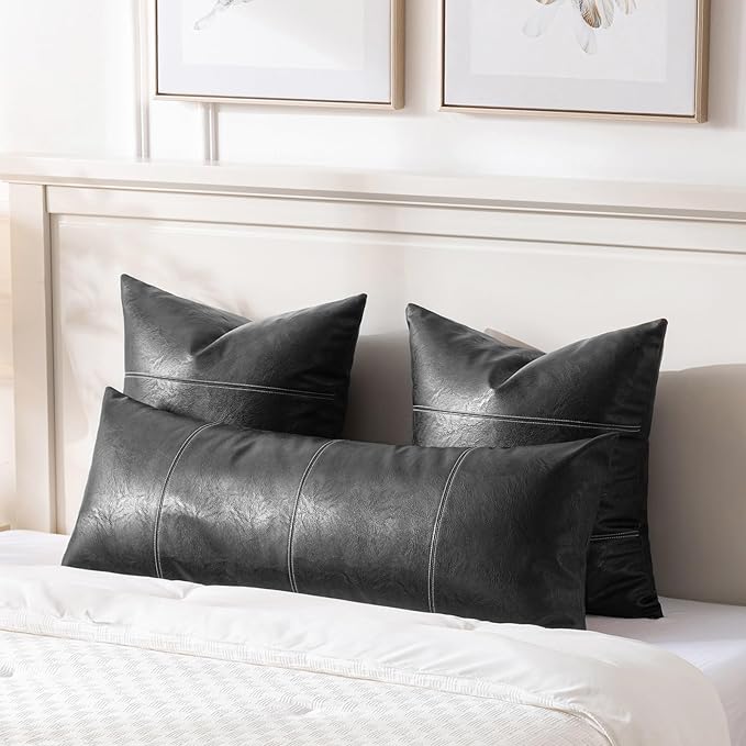 Fancy Homi Black Boho Long Lumbar Faux Leather Decorative Throw Pillow Covers 14x36 Inch for Living Room Couch Bed Sofa, Hand Stitched Rectangle Cushion Case, Rustic Modern Farmhouse Home Decor