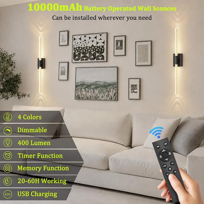 Battery Operated Wall Sconces Set of 2, 10000mAh, Black Bubble | wireless crystal wall lights rechargeable with Remote & 360° Rotate, 31.5" Wall Lamp for Bedroom Living Room Mirror