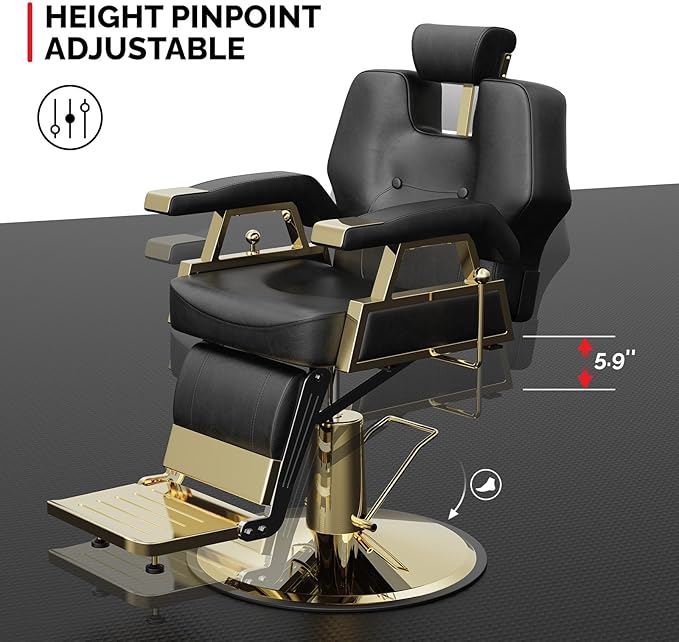 OmySalon Classic Barber Chair with 2 Hand Levers, Reclining Salon Chair for Hair Stylist All Purpose Heavy Duty, Adjustable Headrest, Tattoo Barbershop Beauty Spa Equipment, Black & Gold