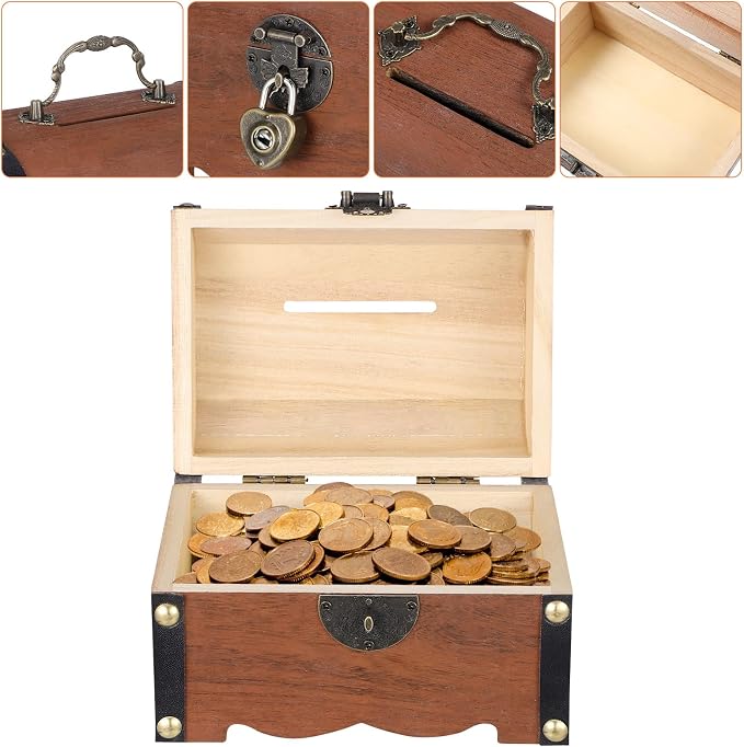 Toyvian Vintage Wooden Pirate Treasure Chest, Antique Jewelry Keepsake Organizer Box with Lock Decorative Storage Trunk for Necklaces Earrings Rings Trinkets Unique Gift for Women Men