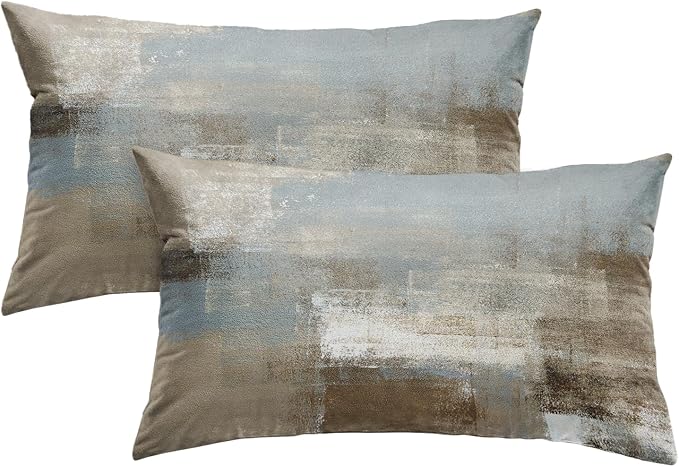 Throw Pillow Covers Set of 2, 12 x 20 Inch, Grey Beige Teal | Abstract Modern Art Outdoor Decorative Square Pillow Cases Couch Cushion Case for Couch Bed Sofa Living Room Home Decor
