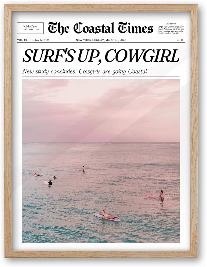 iHery 12x16in Surf’s Up Cowgirl Framed Newspaper Wall Art | Natural OAK Wood Frame with Canvas Print, Coastal Cowgirl Decor for Bedroom, Dorm, Living Room and Bar Cart, 1Pack