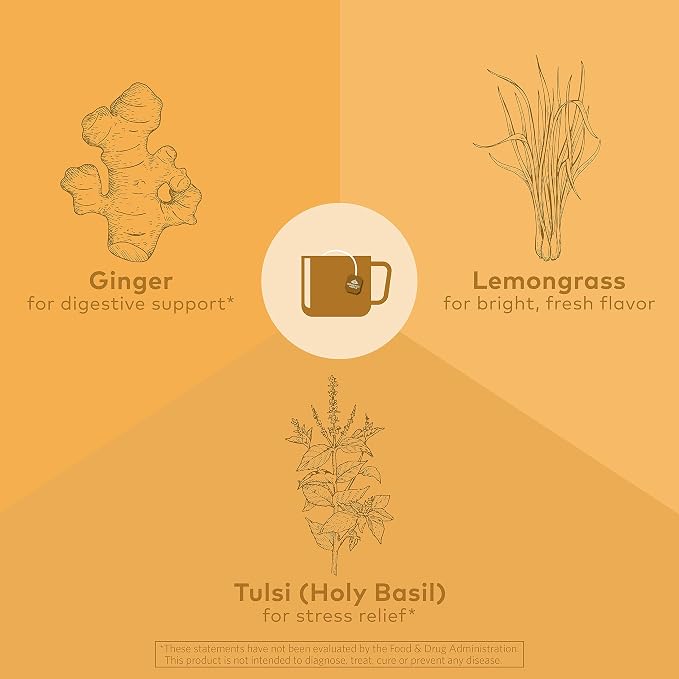 ORGANIC INDIA Tulsi Lemon Ginger Tea Bags - Herbal Tea, Stress Relieving & Reviving, Immune Support, Aids Digestion, Vegan, USDA Certified Organic, Non-GMO, Caffeine-Free - 18 Infusion Bags, 3 Pack