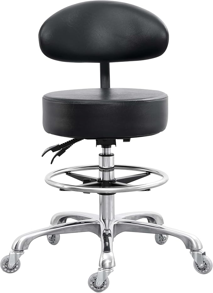 Grace&Grace Drafting Chair Big Cushion Rolling Stool with Back, Tall Shop StoolRolling Chair with Footrest for Studio, Workshop, Classroom, Lab, Counter, Home Office (Black)