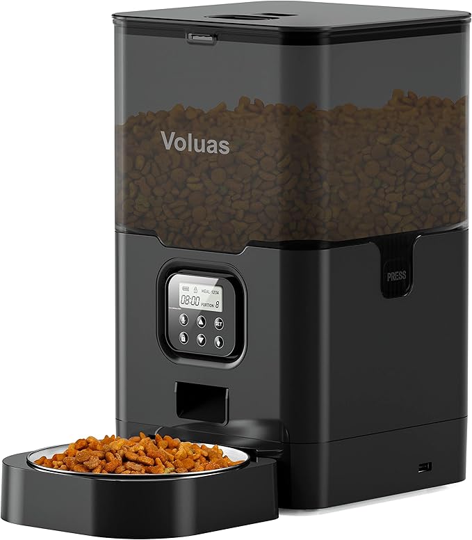 VOLUAS Automatic Cat Feeder, 6L Timed Dry Food Dispenser for Cats & Dogs | Programmable Portion Control, Up to 4 Meals Daily, Dual Power Supply, Power-Off Memory, 10-Second Voice Recorder