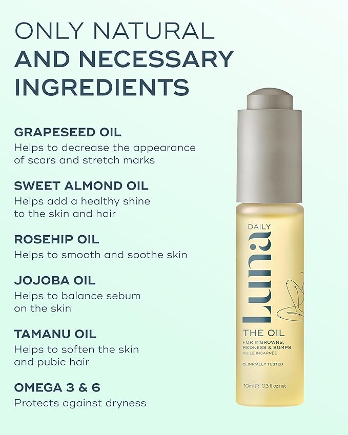 Luna Daily Mini Ingrown Hair Oil (10ml) | Travel-Size Multi-Purpose Hydrating Oil | Soothes Razor Bumps, Stretch Marks, Prevents Ingrown Hairs & Softens Dry Skin | Jojoba & Omega-Rich Botanicals