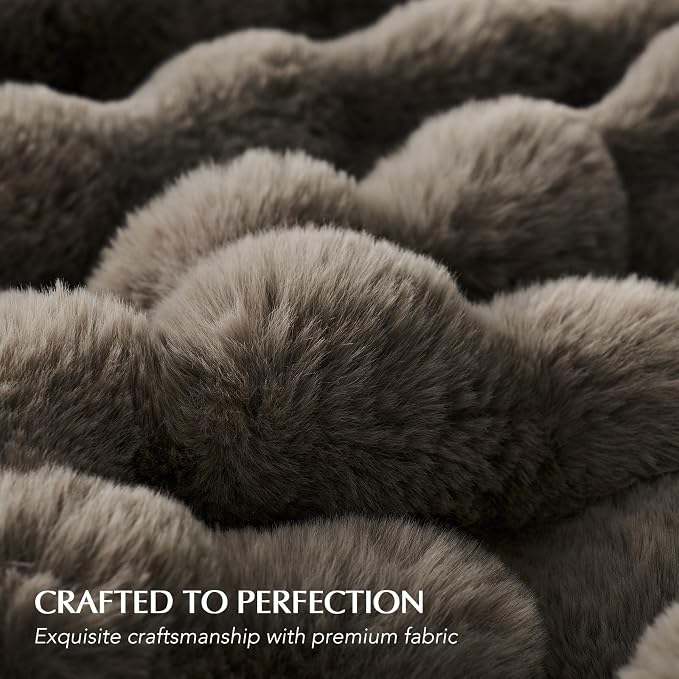 Faux Rabbit Fur Bubble Throw Blanket, 90"x90", Dark Taupe | Ultra Soft, Luxury Faux Rabbit Fur Throw, Thick Warm Bubble Blanket, Cozy Fluffy Reversible, for Bed, Couch, Chair, Sofa
