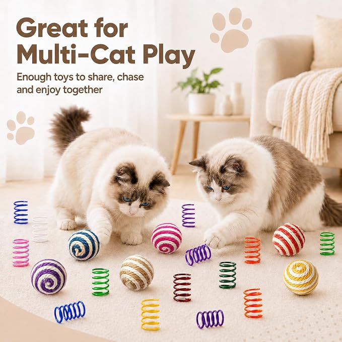 Cat Toys for Indoor Cats, 6 Sisal Balls & 24 Colorful Springs