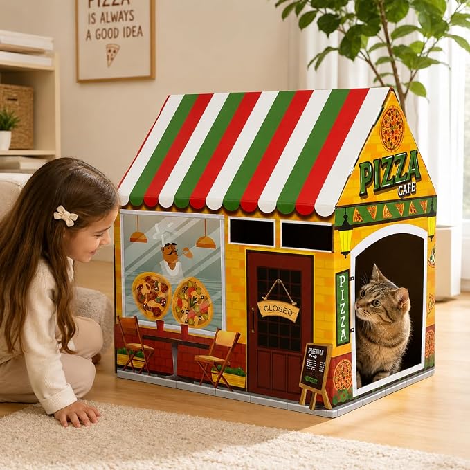 Cinrobiye Cardboard Cat House with Scratcher, Indoor Cat Condo Cat Cave Hideout with Scratch Pad, Cardboard Cat Playhouse Bed for Cats, Kittens, Rabbits & Small Pets (Pizza)