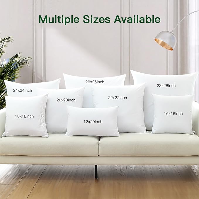 OTOSTAR Pack of 2 Down and Feather Throw Pillow Inserts, 18 x 18 Soft Fluffy Square Pillow Inserts with 100% Cotton Cover Decorative Pillows for Sofa Couch Bed-White