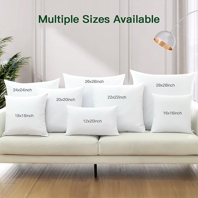 OTOSTAR Pack of 2 Down and Feather Throw Pillow Inserts, 24 x 24 Soft Fluffy Square Pillow Inserts with 100% Cotton Cover Decorative Pillows for Sofa Couch Bed-White