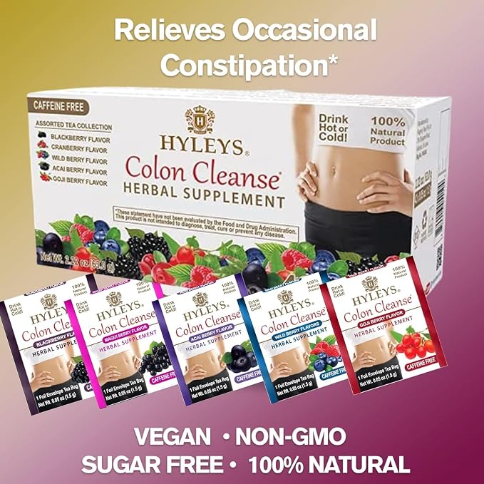 HYLEYS Colon Cleanse Tea, Assorted Flavors - 504 Individually Wrapped Herbal Tea Bags (12 Pack of 42) - Caffeine Free, Vegan