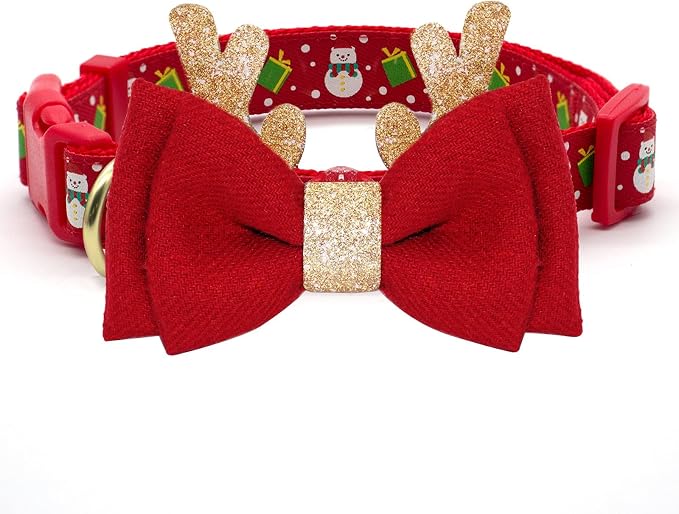 azuza Christmas Pet Collar Adjustable Xmas Dog Collar with Christmas Antler Bow tie Accessories Snowman Dog Collar for Puppy and Small Dogs