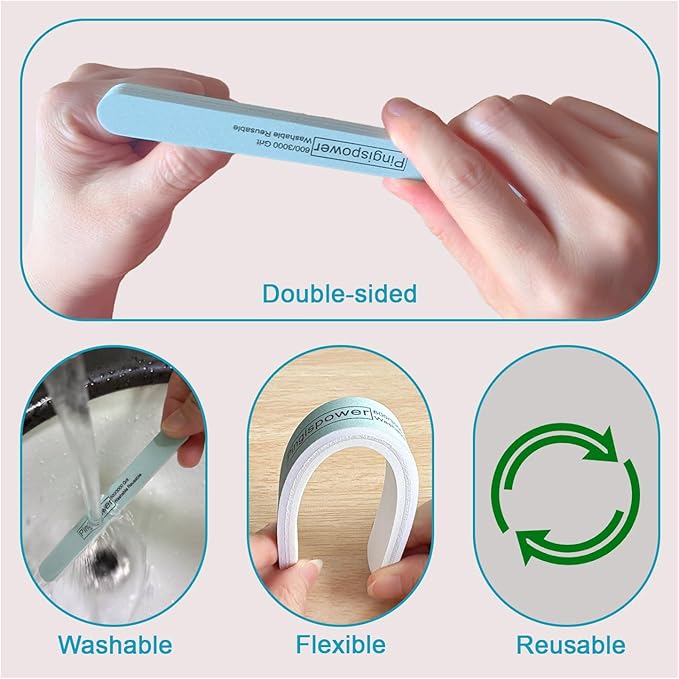Nail Files and Buffers (10 Pack), Professional Durable Reusable Nail Buffer Block for Natural Nails, 600/3000 Fine Grit Double Sided Washable Nail Supplies Kit for Women Home Salon &Travel