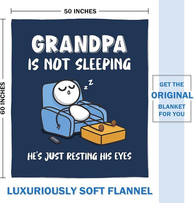 Funny Grandpa Birthday Gifts, Grandpa is Not Sleeping Blanket | Grandpa Gifts from Grandkids, Super Soft Throws Blanket for Napping, Promoted to Grandpas Gifts, 50" x 60" (Navy Blue)