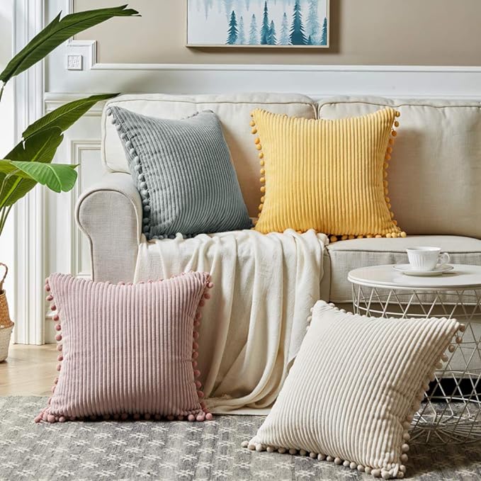 Fancy Homi Pack of 2 Corduroy Soft Decorative Throw Pillow Covers with Pom-poms, Solid Square Cushion Case Pillow Cases Set for Couch Sofa Bedroom Car Living Room (22x22 Inch/55x55 cm, Cream)