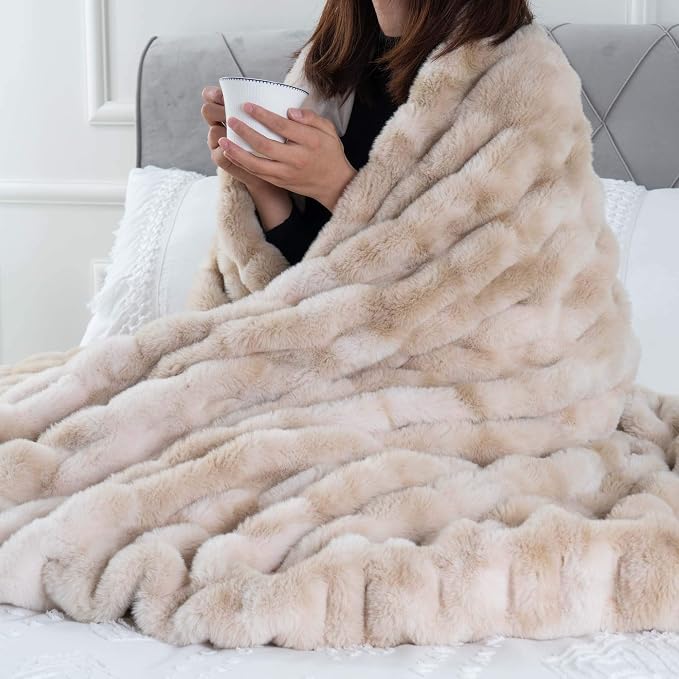 BATTILO Luxury Faux Fur Throw Blanket for Couch, 50"x60", Tie-dye-Beige