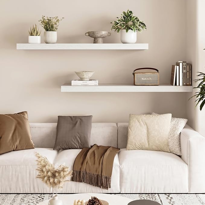 Fixwal Floating Wall Shelves for Decor (White, Set of 2, 35.4Inch) | MDF Shelf with Metal Brackets, Space Saving for Books , Decor, Fits Bathroom, Kitchen, Bedroom, or Office