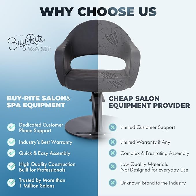 Buy-Rite Cleo Professional Salon Styling Chair & Barber Chair, All Black Vinyl with Black Stitching, Easy-Clean Crevice-Free Seat, Flat Round Base, Heavy-Duty Build, YLG-376