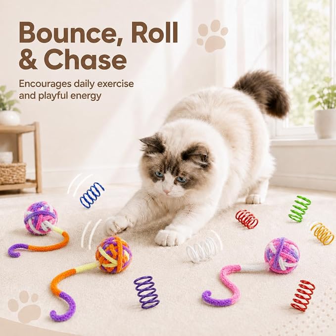 Cat Toys for Indoor Cats, 4 Yarn Balls with Tails & 12 Colorful Springs