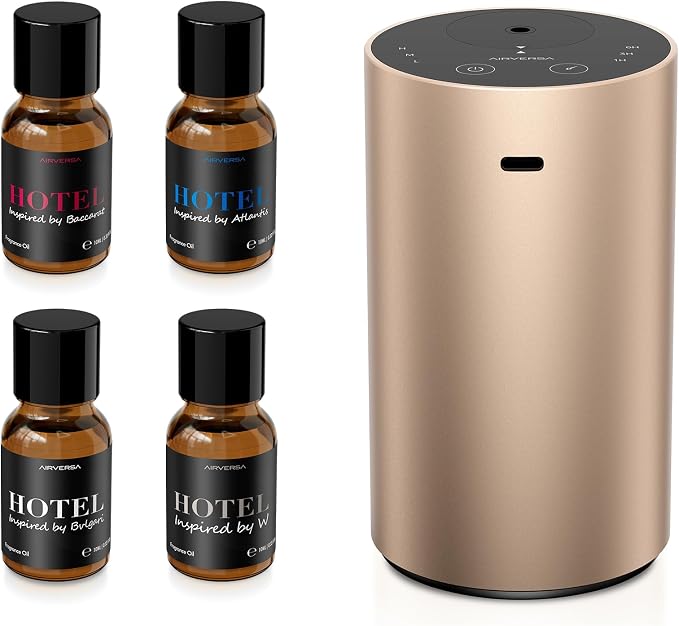 Airversa ADX Waterless Essential Oil Diffuser Starter Kit, Titanium | 4 x 10mL Fragrance Oi, Up to 600 sq ft, Battery Operated, Portable for Home Car Office, ADXKit-4x10-02