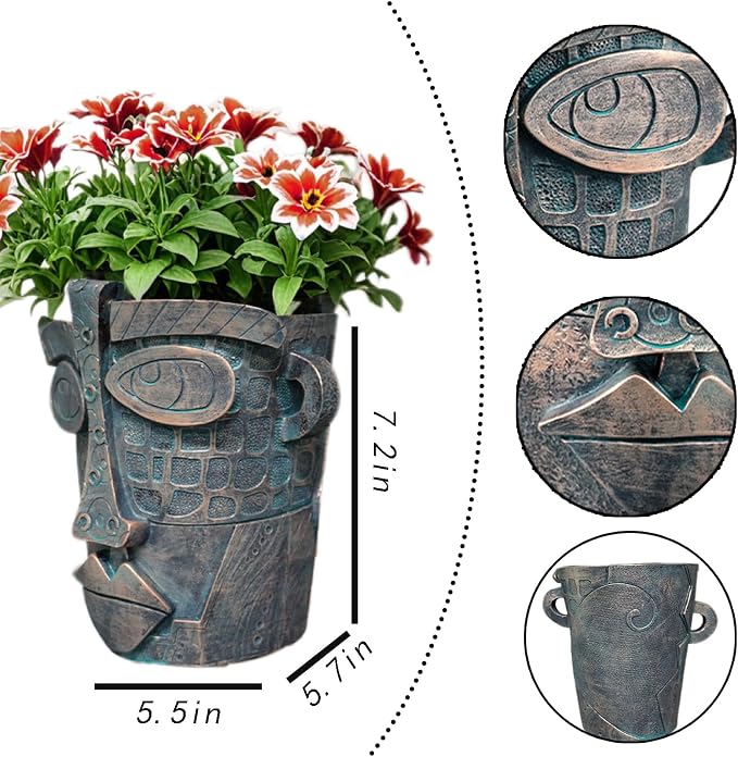 Bronze Abstract Face Planter Pots Unique Head Plant Pots Funny Face Flower Pot for Indoor Plants Home Art Table Decoration