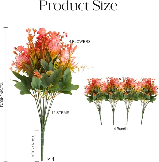 RM ROOMERS Artificial Flowers Plants for Outdoors, Fake Flowers Red Rose | Pink Chrysanthemum UV Resistant Faux Flower for Garden Porch Windowbox Front Door Yard, No Fade Home Vase Decor (4 Bundles)