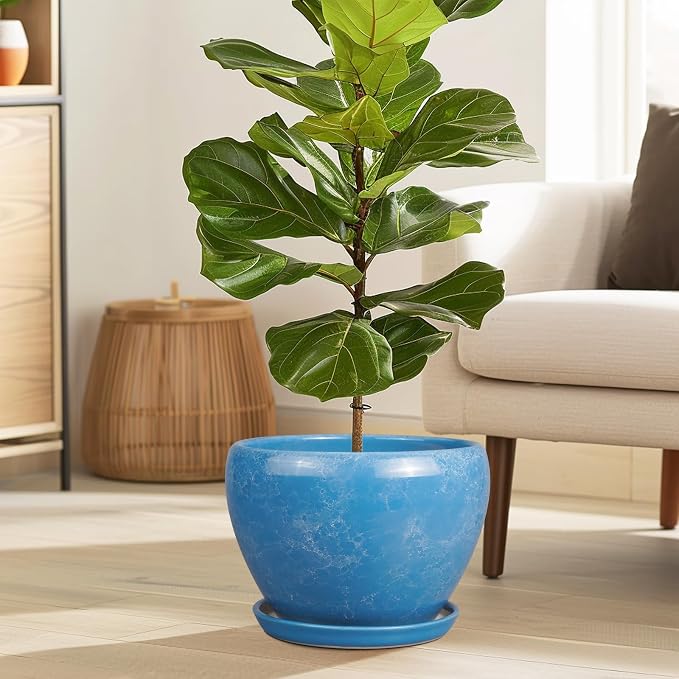 Ceramicfor 10 Inch Planter Pot - Ceramic Pots for Plants with Drainage Hole and Saucer, Round Large Flower Pot for Indoor Plants, Blue