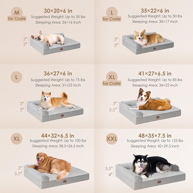 EHEYCIGA Orthopedic Dog Bed, Medium Memory Foam Dog Bed, Grey | Small Dog Sofa with Washable Removable Cover, Waterproof Pet Couch for Crate with Nonskid Bottom, 35x22x6