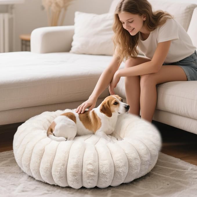 Donut Dog Beds Large Sized Dog Washable Plush Pet Bed,36in White | Cozy Calming Round Cuddler, Fluffy Faux Rabbit Fur, Non-Slip Bottom, Anti-Anxiety, Circle Bed for Large Pets Up to 90 Lbs