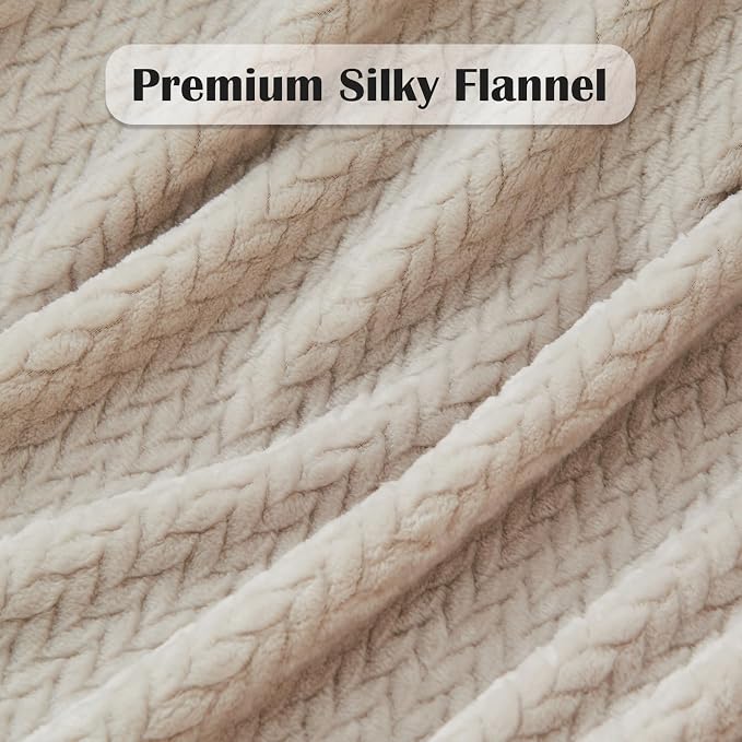 NEWCOSPLAY Fleece Leaves Pattern Queen Blanket, Linen, 90"x90" | Super Soft Throw Blanket, Lightweight Cozy Bed Sofa Blanket, Premium Silky Flannel Fleece, Travel Blanket for All Season Use
