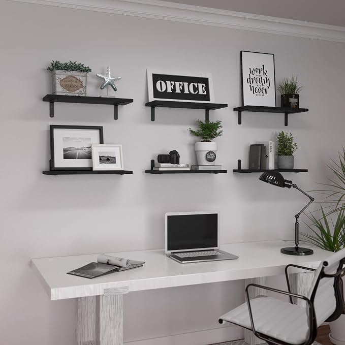Wood Floating Shelves Set of 6, Shelves for Wall Decor, Farmhouse Shelf for Bedroom, Bathroom Storage Shelves, Book Shelves for Living Room-Black