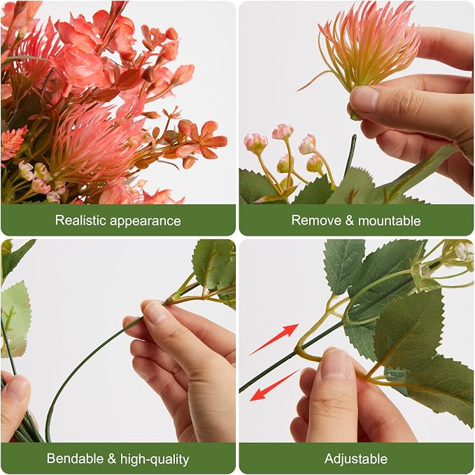 RM ROOMERS Artificial Flowers Plants for Outdoors, Fake Flowers Red Rose | Pink Chrysanthemum UV Resistant Faux Flower for Garden Porch Windowbox Front Door Yard, No Fade Home Vase Decor (4 Bundles)