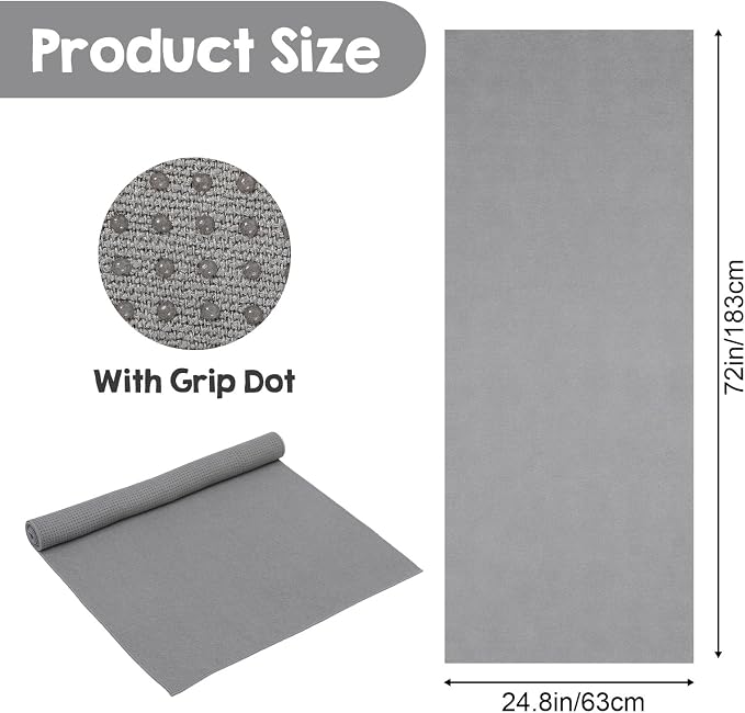2 Pack Yoga Mat Towel with Grip Dot, Non Slip Yoga Towels for Hot Yoga, Sweat Absorbent Microfiber Towel for Gym, Pilates, Exercise and Fitness, 72" x 24", Gray and Pink