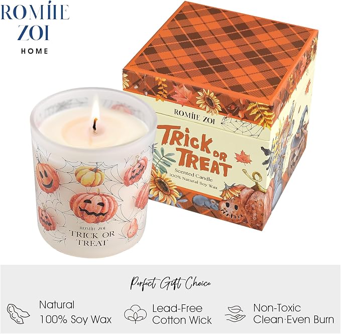 ROMIIE ZOI Scented Fall Candle - Halloween Trick or Treat - 6oz Soy Wax Candle for Autumn, Gift for Her/Him