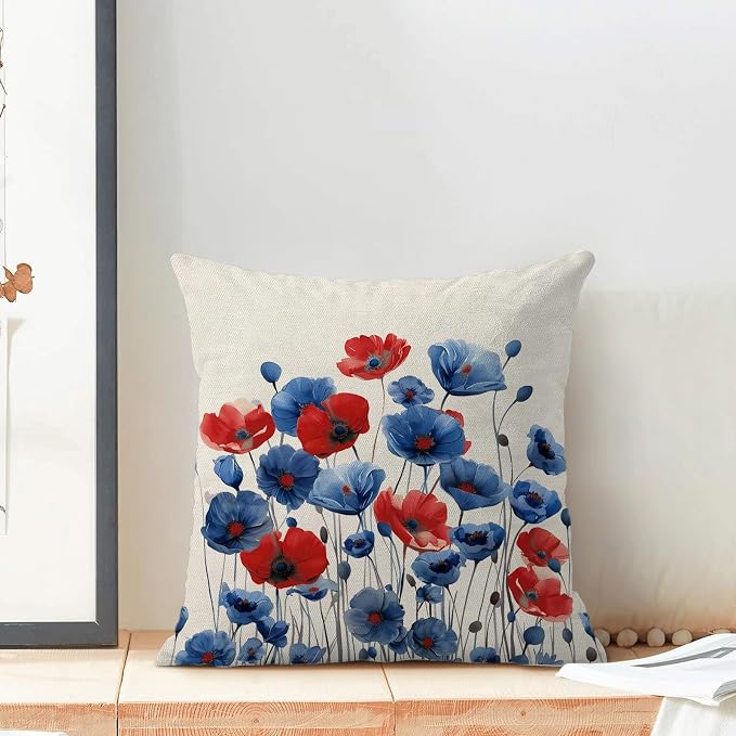 Spring Floral Pillow Covers 18x18 Set of 2 Blue Red Flower Decorative Throw Pillow Covers Decoration Summer Seasonal Pillowcase Farmhouse Decorative Cushion Cover for Home Sofa Outdoor Decorr