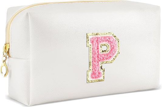 URSKYTOUS Initial Makeup Bag Personalized Preppy Travel Small Cosmetic Bag Cute PU White Chenille Letter Makeup Pouch for Purse Waterproof Zippered Toiletry Organizer for Women Girl Kid Friends (P)