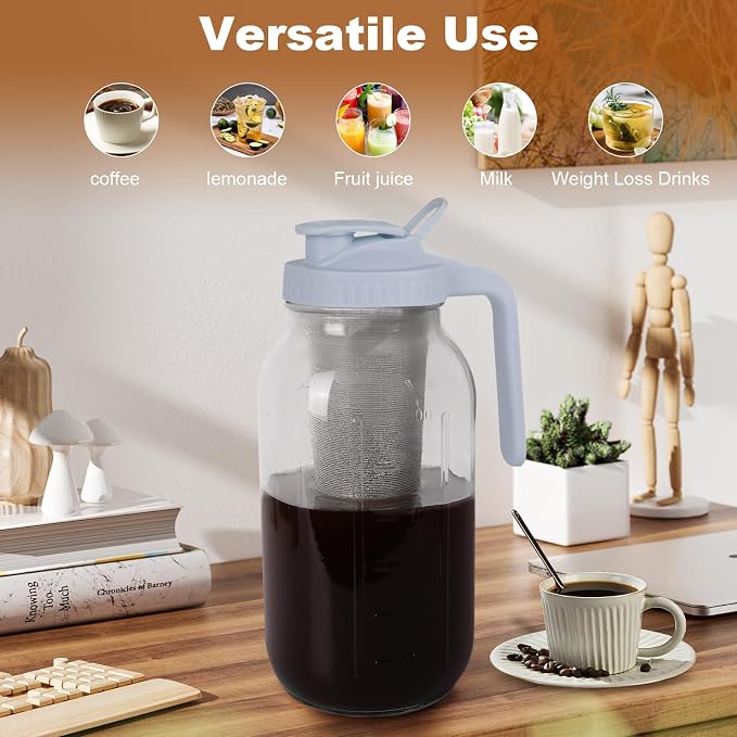 Cold Brew Coffee Maker,64 oz Mason Jar Pitcher with Stainless Steel Filter, Pour Spout Handle Lid, Heavy Duty Glass Airtight & Leak-Proof Pitcher for iced coffee Tea Lemonade-Gray