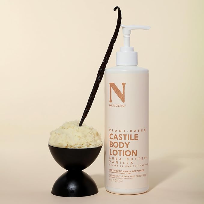Dr. Natural Castile Body Lotion - Non-Greasy Shea Butter Body Cream - Gentle and Soothing Lotion for Women and Men - Shea Butter and Vanilla - 16 oz