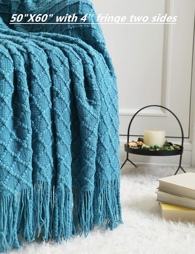 CREVENT Boho Crochet Throw Blanket for Couch Sofa Chair Bed Decoration, Gift Idea for Girlfriend Mom Birthday, Soft Warm Cozy Light Weight for Spring Summer (50''X60'' Turquoise/Dark Teal)