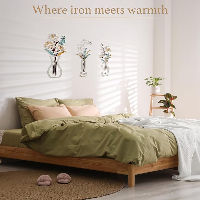 CarryWise 3 Piece Metal Flower Wall Art for Bedroom Living Room, Flower Blue gold