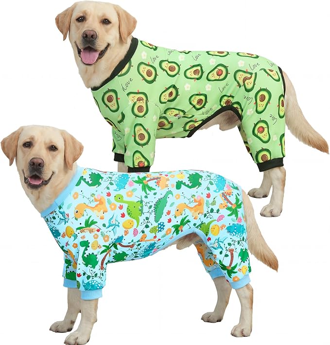 XPUDAC 2 Pack Dog Pajamas for Large Breeds, 4-Way Stretch Soft Dog Onesie Lightweight Warm Pet Clothes Jammies for Large Breeds Dinosaur Avocado Print, 6XL