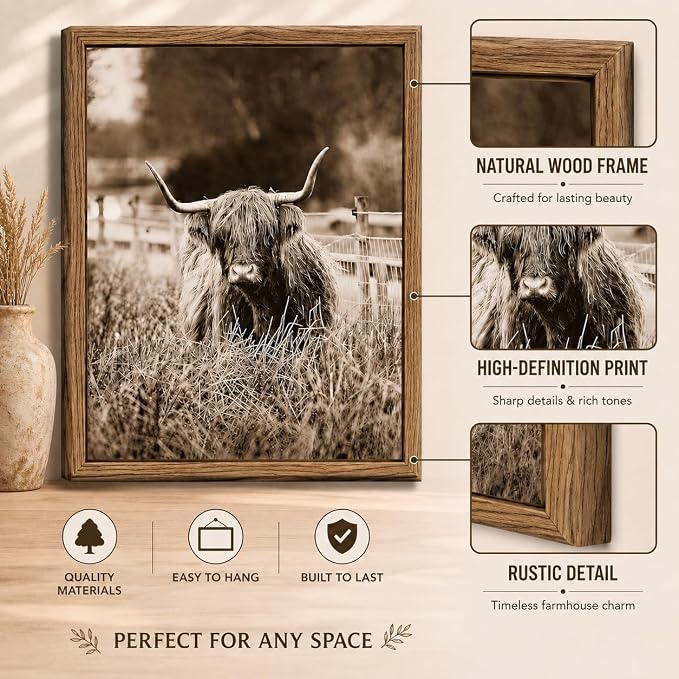 6Pcs Vintage Western Cowboy Wall Art, Highland Cattle Prints, 10" L x 8" W | Rustic Farmhouse Canvas Posters, Country Western Style Wall Decor for Bedroom and Kitchen, Framed