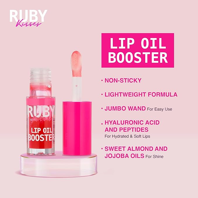 Ruby Kisses Lip Oil Booster, Hydrating Lip Gloss with Nourishing Natural Oil Blend, Jumbo Wand for Easy Application, Non-Sticky Formula