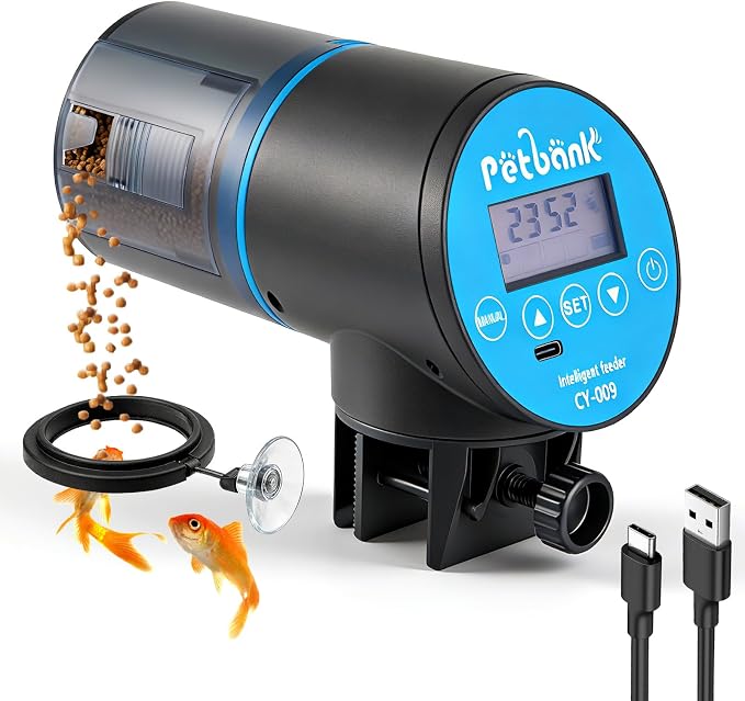 Automatic Fish Feeder for Aquarium Easy Setup & 4 Timers Blue | 200ML Rechargeable Auto Food Dispenser for Flakes & Pellets, LCD Display, Vacation Feeding for Small Tank Betta Koi Turtle